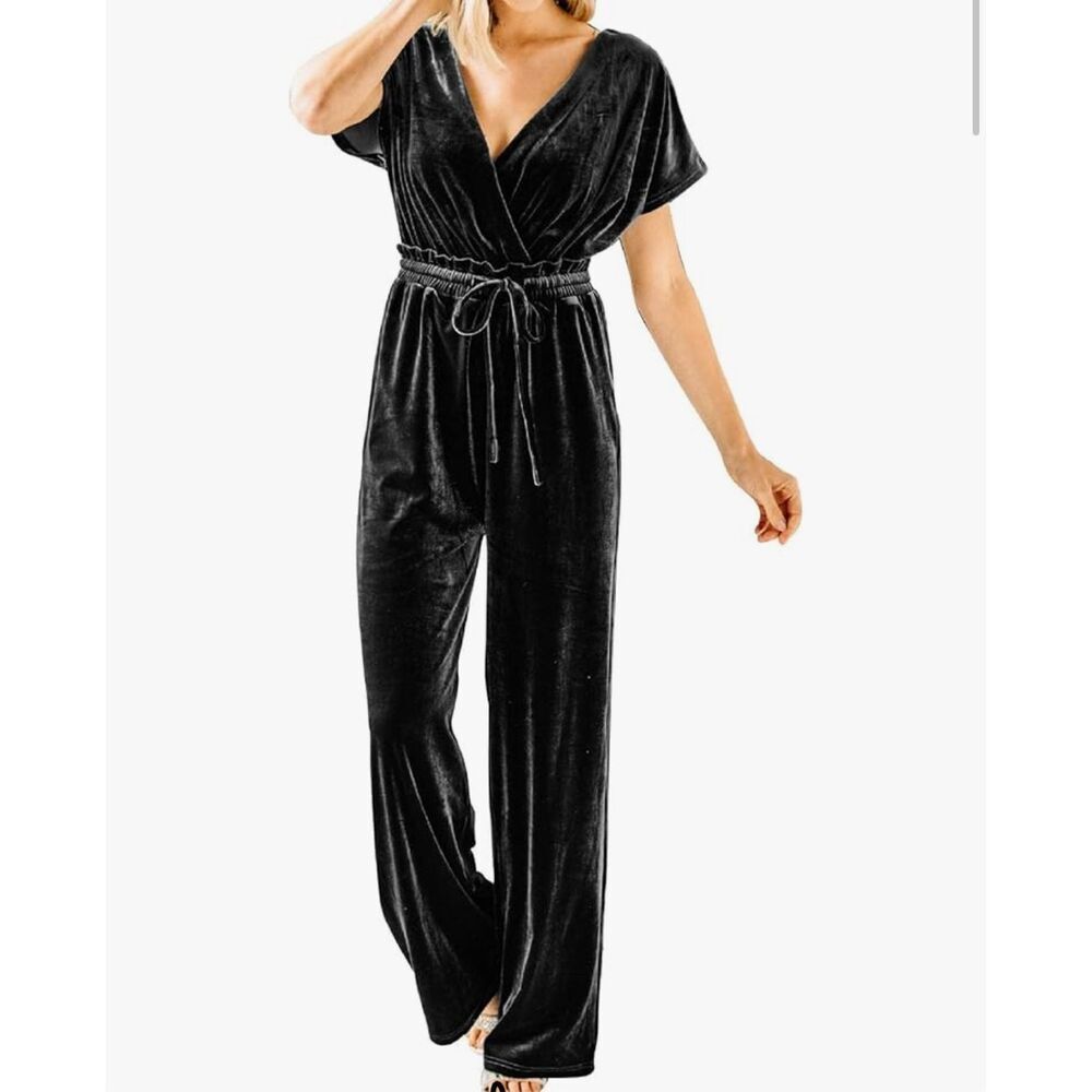 NEW Black Velvet Short Sleeve Long Wide Leg Jumpsuit L 12/14
